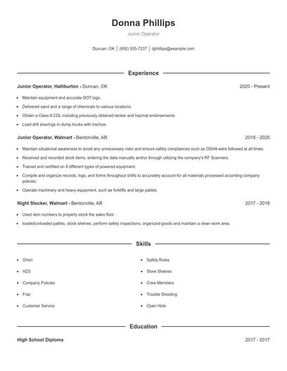 Junior Operator Resume