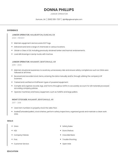 Junior Operator Resume