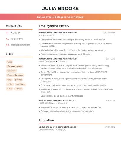 Junior Oracle Database Administrator Resume