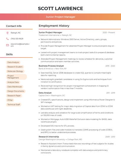 Junior Project Manager Resume