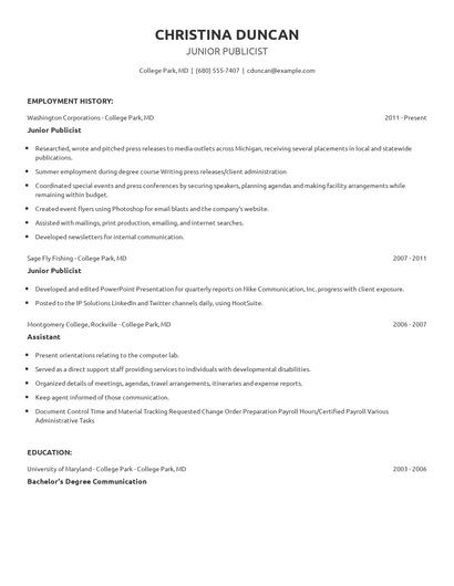 Junior Publicist Resume