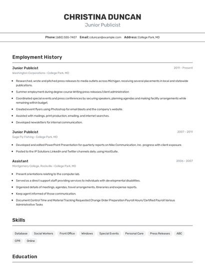 Junior Publicist Resume