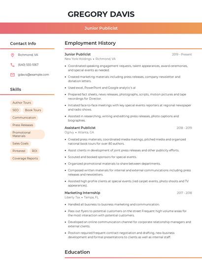 Junior Publicist Resume