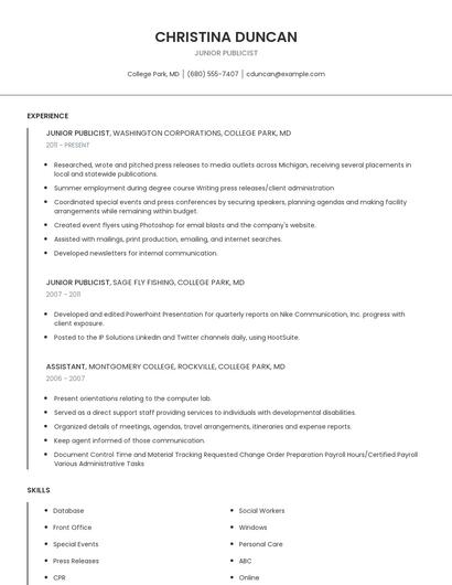 Junior Publicist Resume