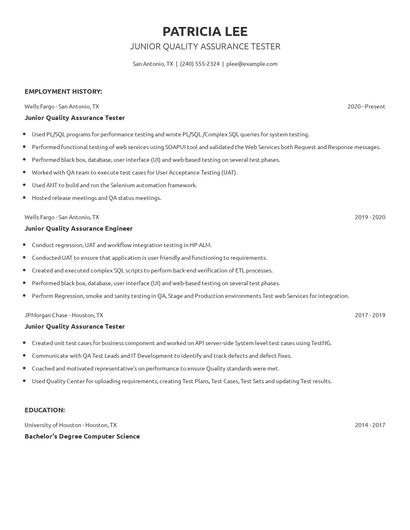 Junior Quality Assurance Tester Resume