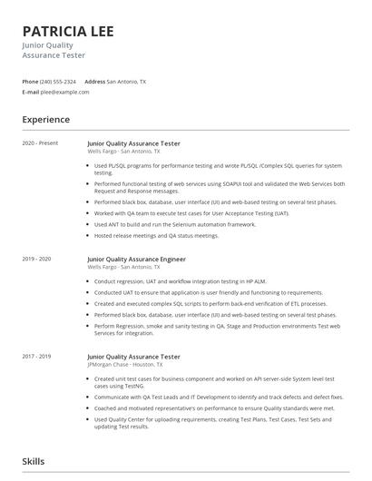 Junior Quality Assurance Tester Resume