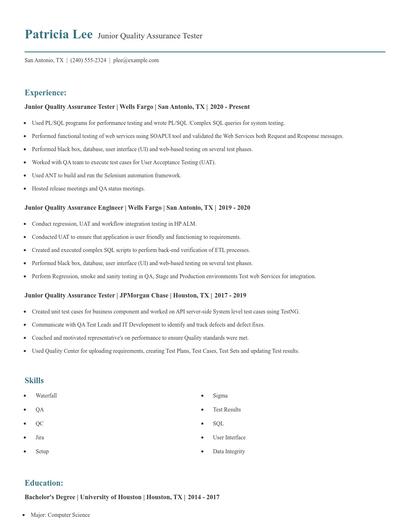 Junior Quality Assurance Tester Resume