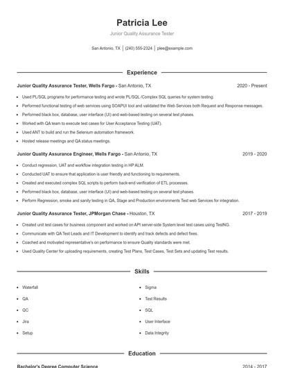 Junior Quality Assurance Tester Resume