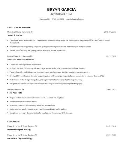 Junior Scientist Resume
