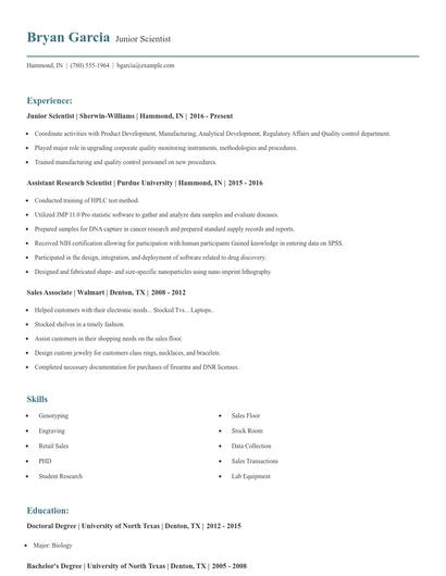 Junior Scientist Resume