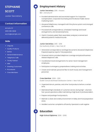 Junior Secretary Resume