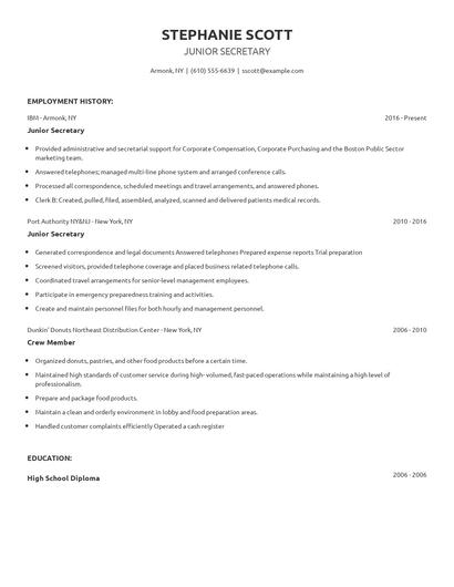 Junior Secretary Resume