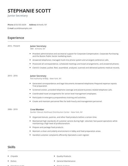 Junior Secretary Resume