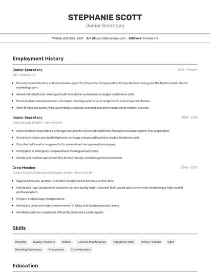 Junior Secretary Resume