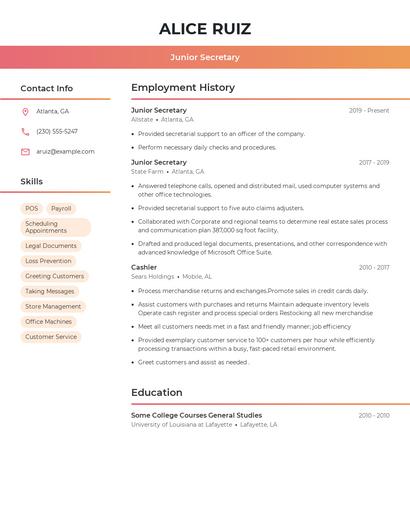 Junior Secretary Resume