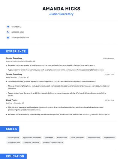 Junior Secretary Resume