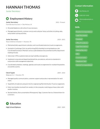 Junior Secretary Resume