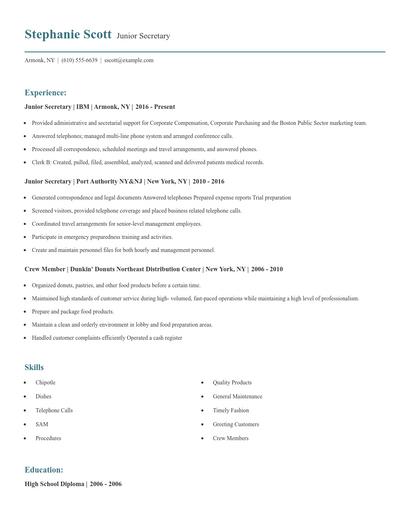 Junior Secretary Resume