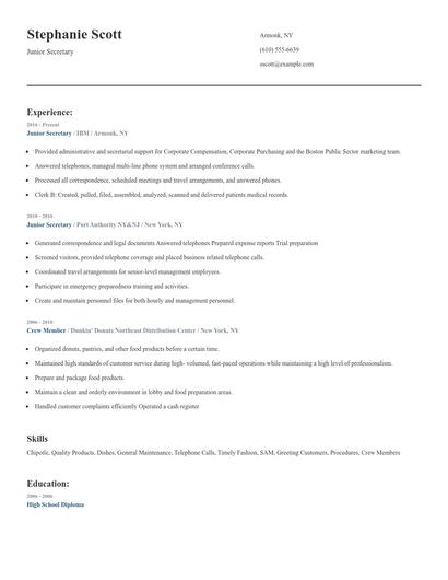 Junior Secretary Resume