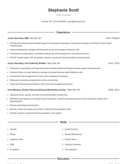 Junior Secretary Resume
