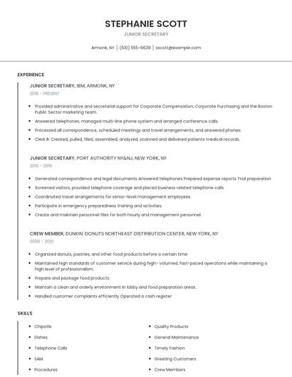 Junior Secretary Resume