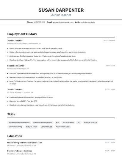 Junior Teacher Resume