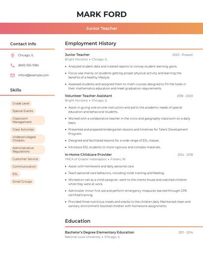 Junior Teacher Resume