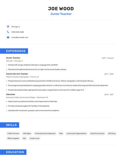 Junior Teacher Resume