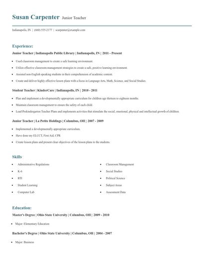 Junior Teacher Resume