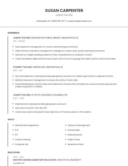 Junior Teacher Resume