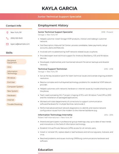 Junior Technical Support Specialist Resume