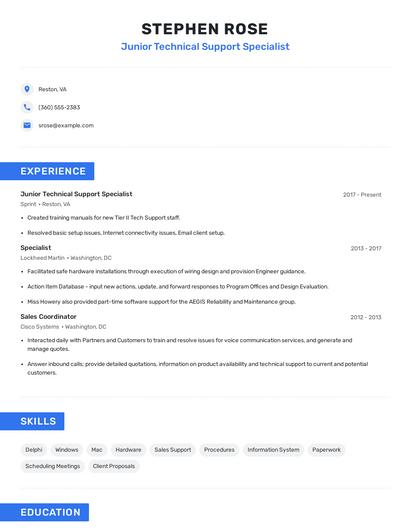 Junior Technical Support Specialist Resume