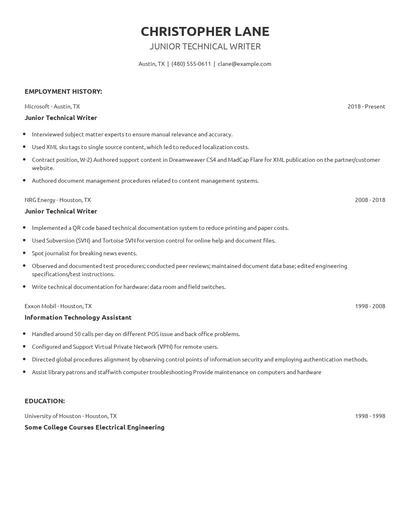 Junior Technical Writer Resume