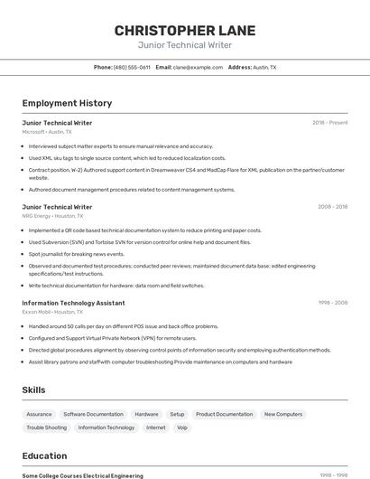 Junior Technical Writer Resume