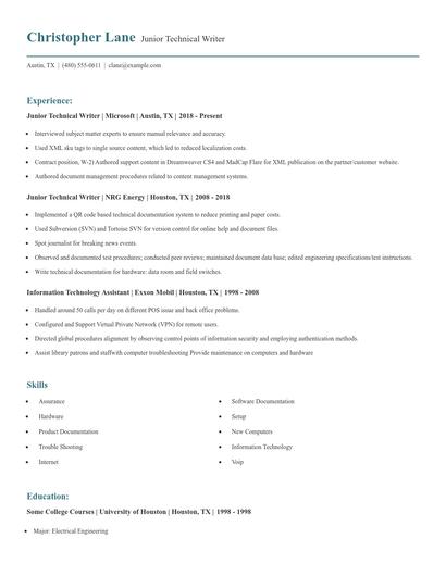 Junior Technical Writer Resume