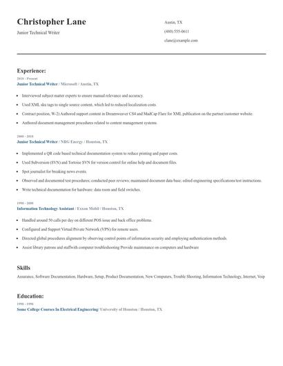 Junior Technical Writer Resume