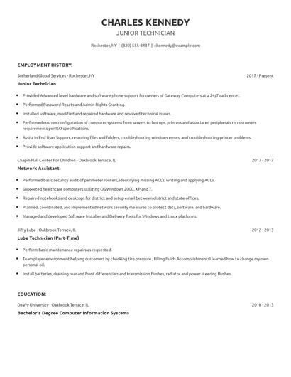 Junior Technician Resume