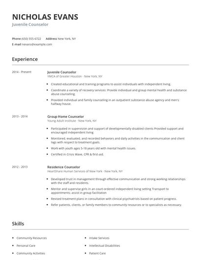 Juvenile Counselor Resume