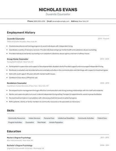 Juvenile Counselor Resume