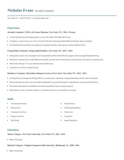 Juvenile Counselor Resume