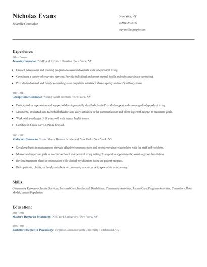 Juvenile Counselor Resume