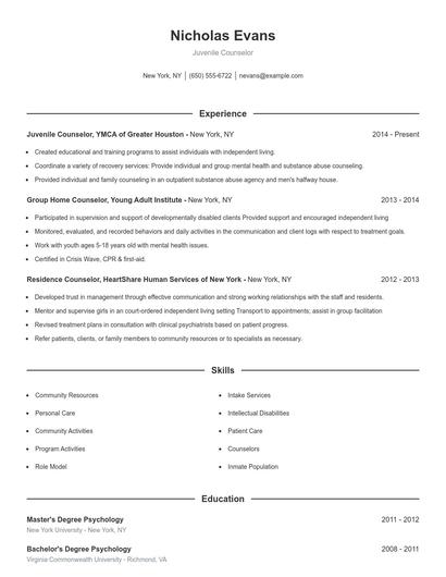 Juvenile Counselor Resume
