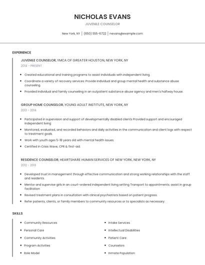 Juvenile Counselor Resume