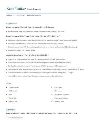 Karate Instructor Resume