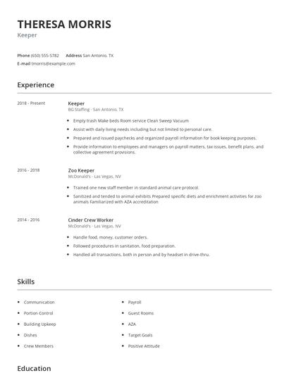 Keeper Resume