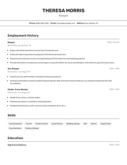 Keeper Resume