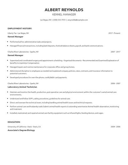Kennel Manager Resume