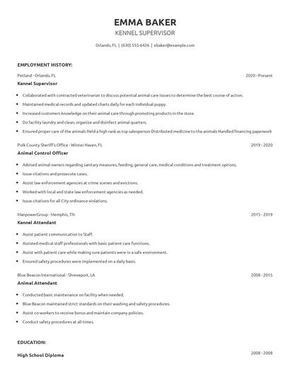 Kennel Supervisor Resume