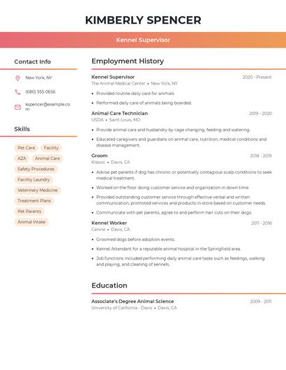 Kennel Supervisor Resume