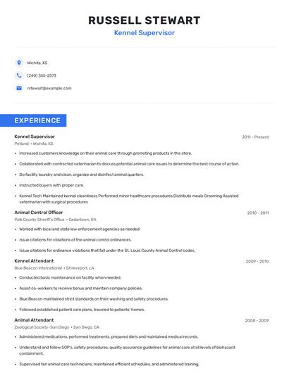 Kennel Supervisor Resume